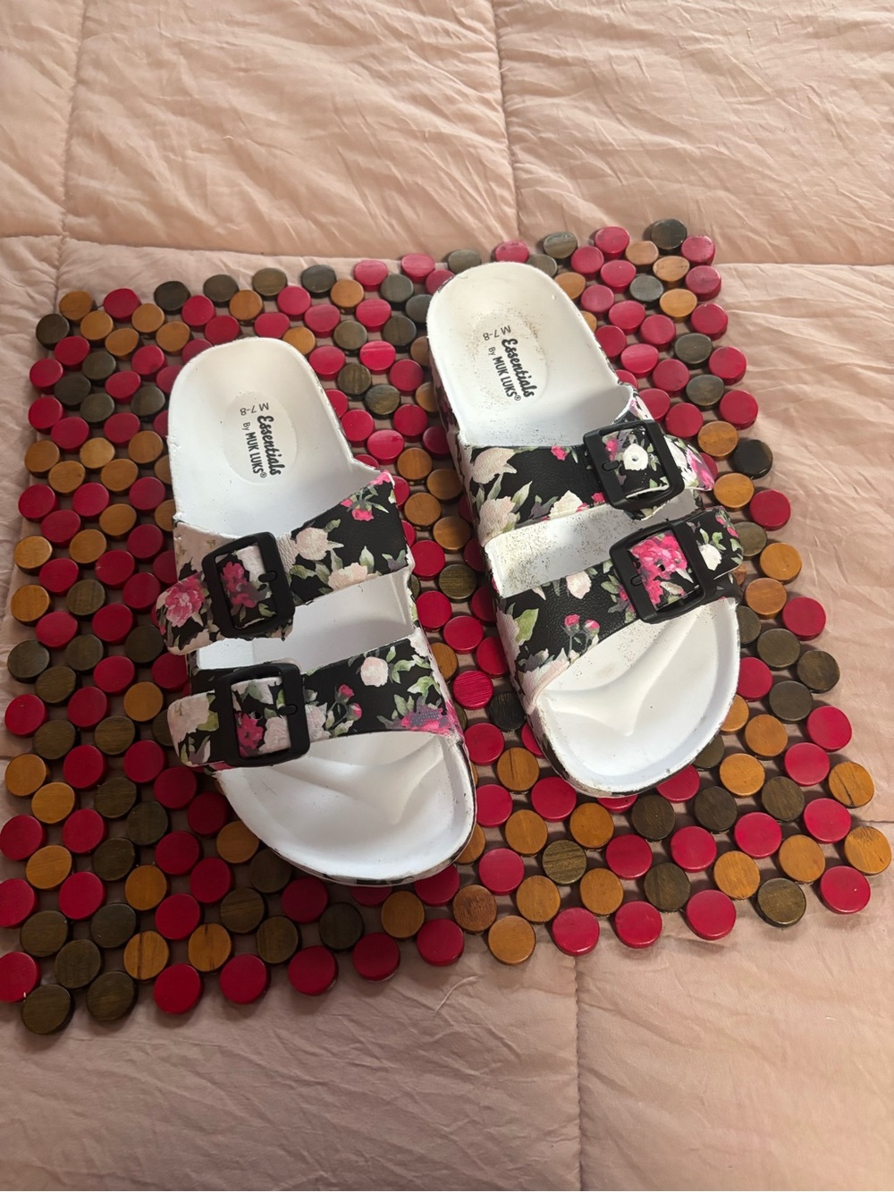 Muk Luks Floral Double-Buckle Slide Sandals - Black/Pink/White
